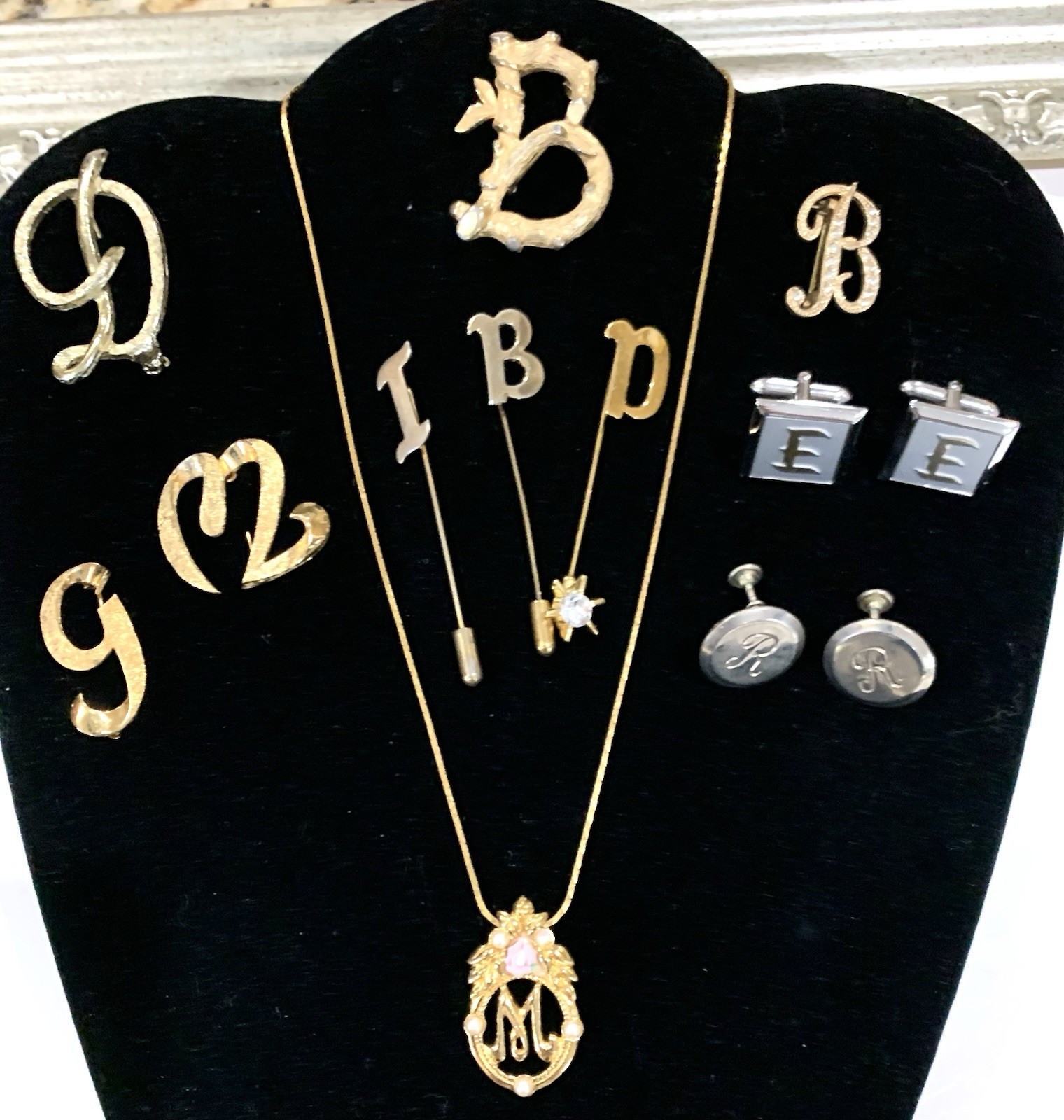 Vintage Lot of 11 INITIAL Brooches, Stick Pins, Necklace, Cuff Links, Earrings