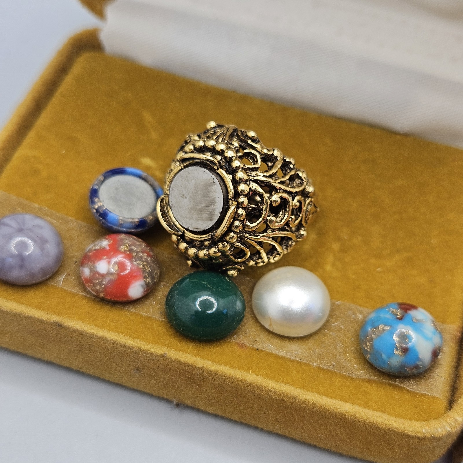 Vintage Lady Ellen Ring Set Interchangeable Magne Gems Gold Tone Glass Stone Lot