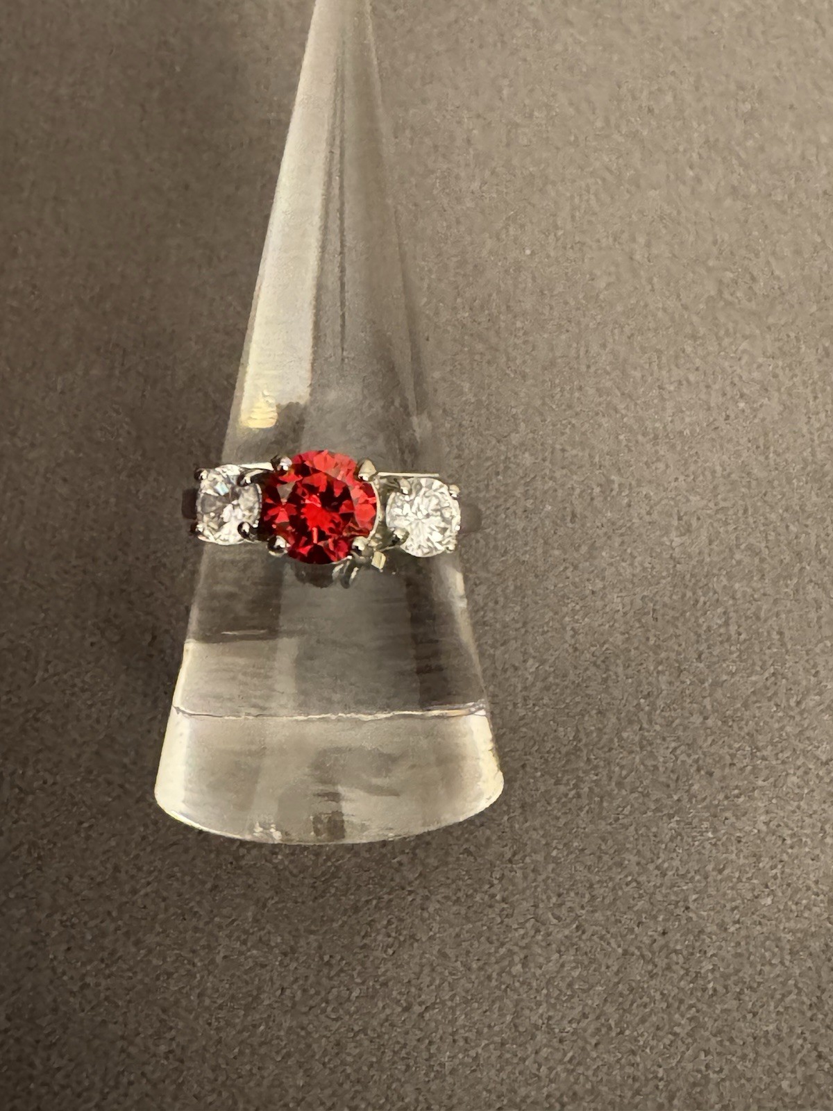 Vintage Silver Tone Three Stone Red & Clear Crystal Ring Size 7 Estate Jewelry