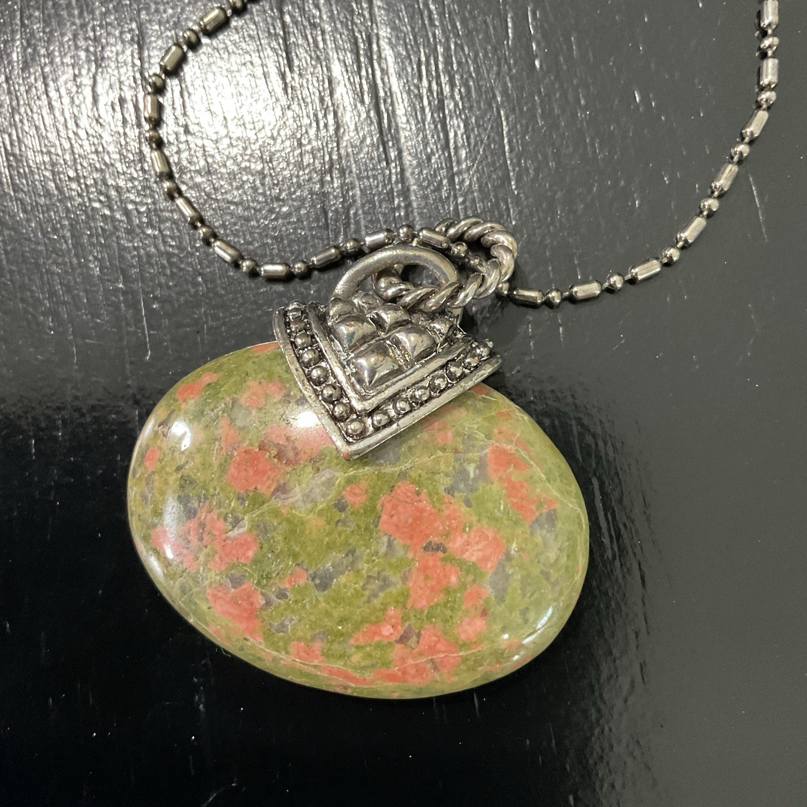 Vintage Unakite Jasper Pendant Necklace Silver Tone 22in 30g