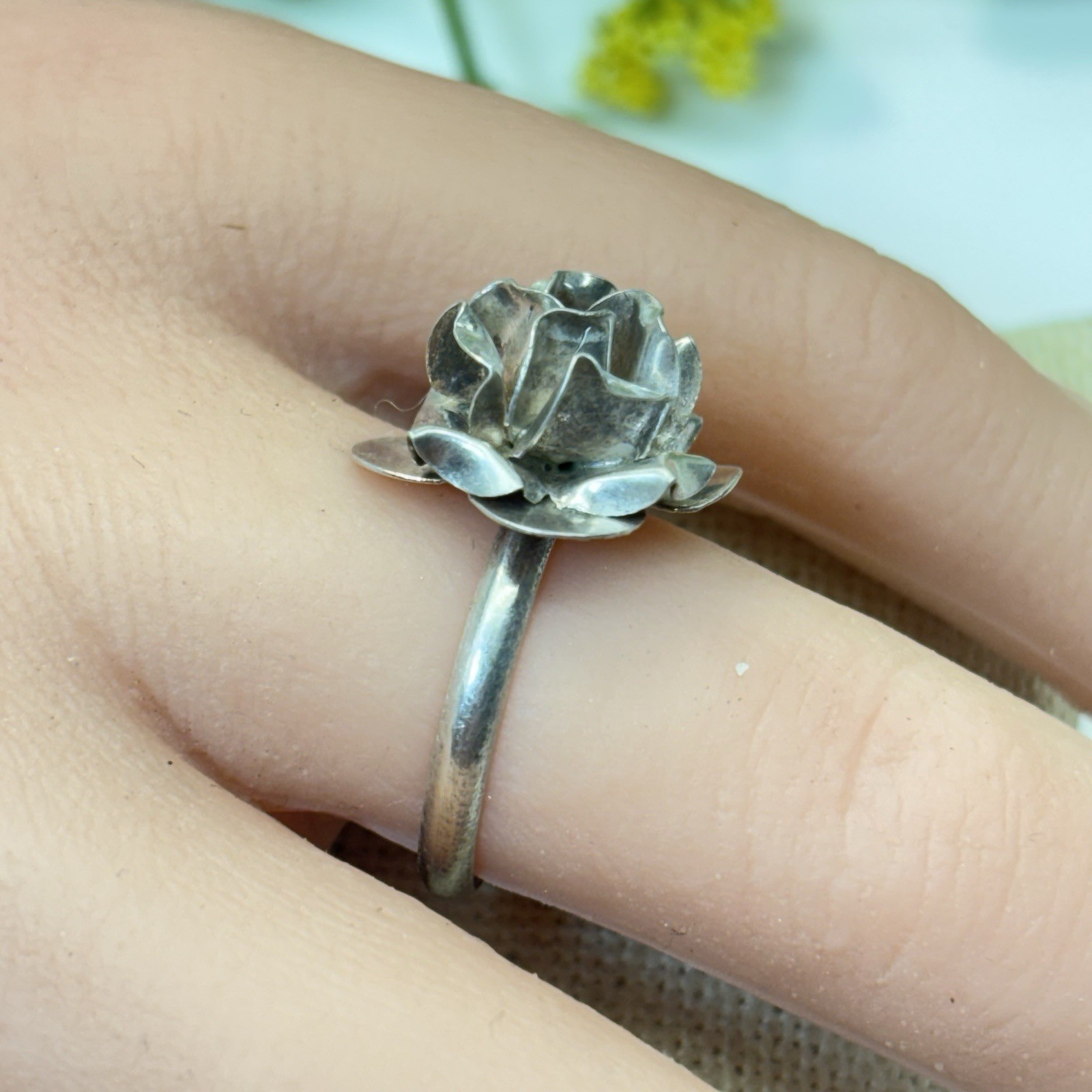 Vtg Taxco Mexico Artisan Sterling Silver 925 3D Rose Flower Band Ring Size 6.25