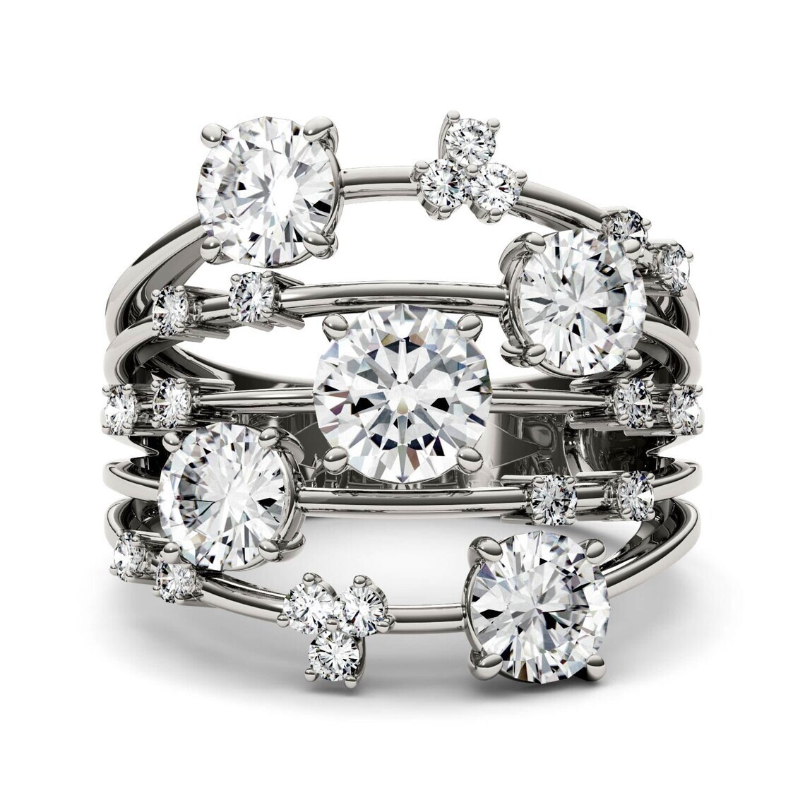 2.50Ct Round Five Moissanite Galaxy Statement Women Ring in 935 Argentium Silver