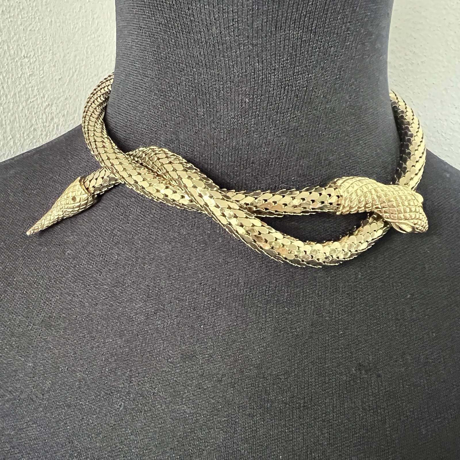 Whiting & Davis Mesh Snake Lariat Necklace in Gold Rare Diamond Crosshatch Vtg