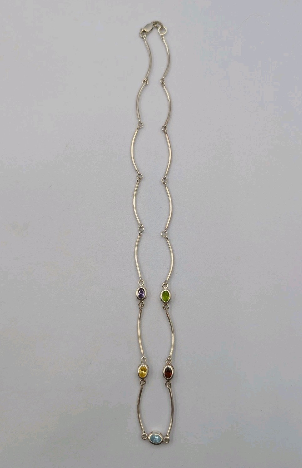 Vtg Sterling Silver Lab Created Gemstones Curved Tube Links 925 Necklace – 17.5″