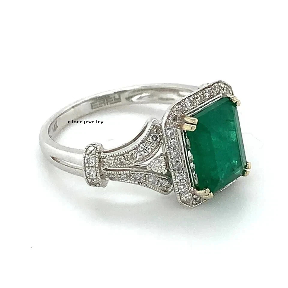 2.20Ct Emerald Cut Lab Created Emerald Halo Engagement Ring White Gold Plated