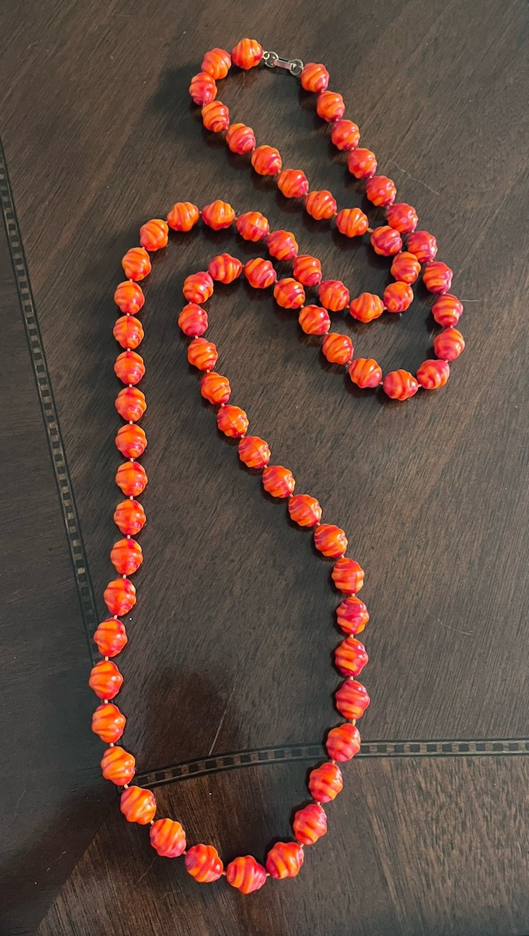 Vintage Orange Coral Red Resin Textured Beaded Extra Long 48” Knotted Necklace