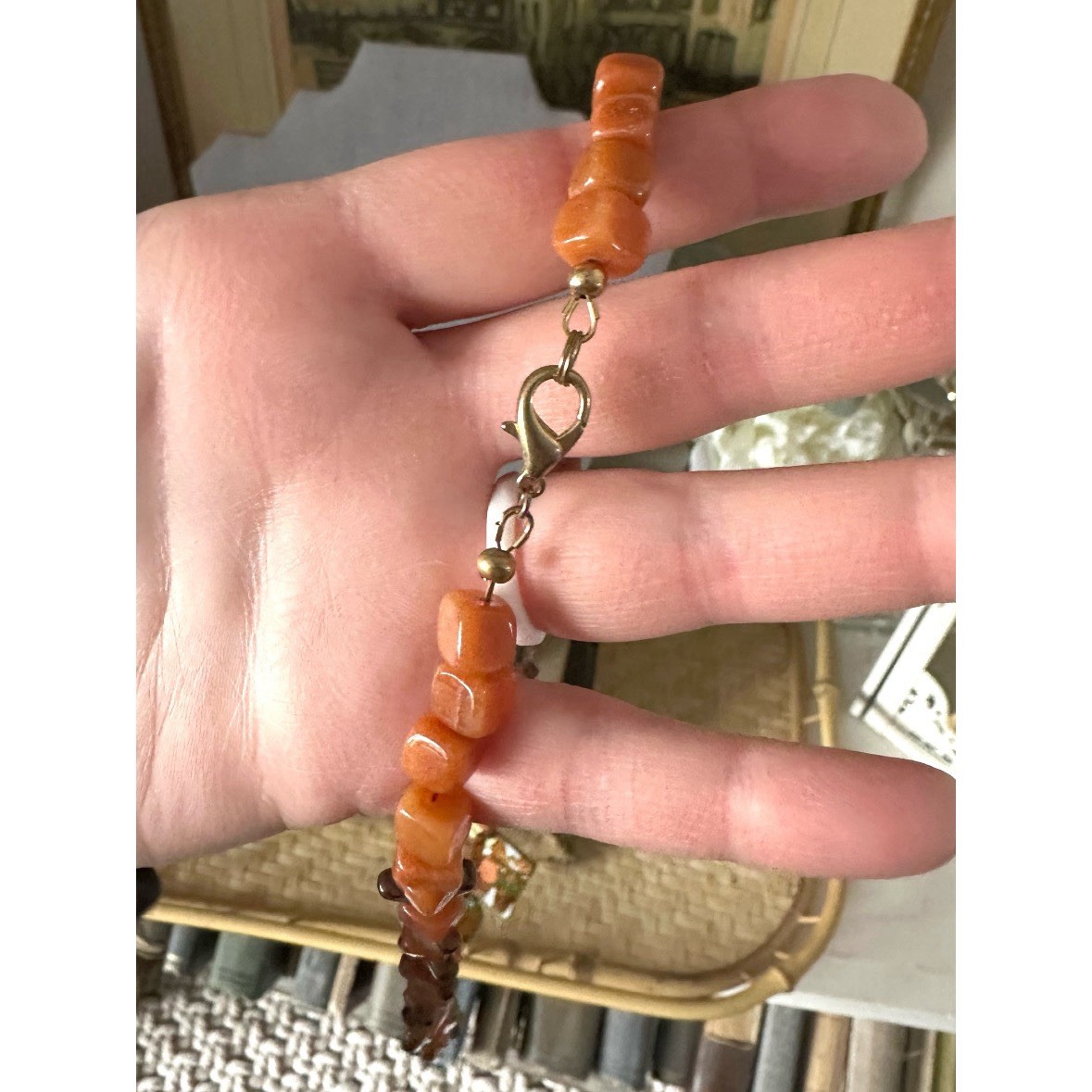 Art Deco Girls at Beach Cloisonne Stone Beaded Necklace Brown & Orange 27” Long