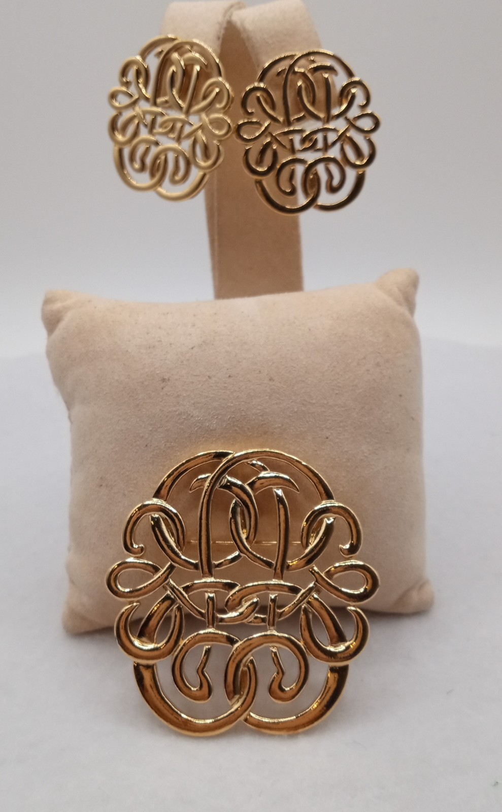 Gold Tone Monogram Jewelry Set, Brooch / Pendant With Pierced Earrings