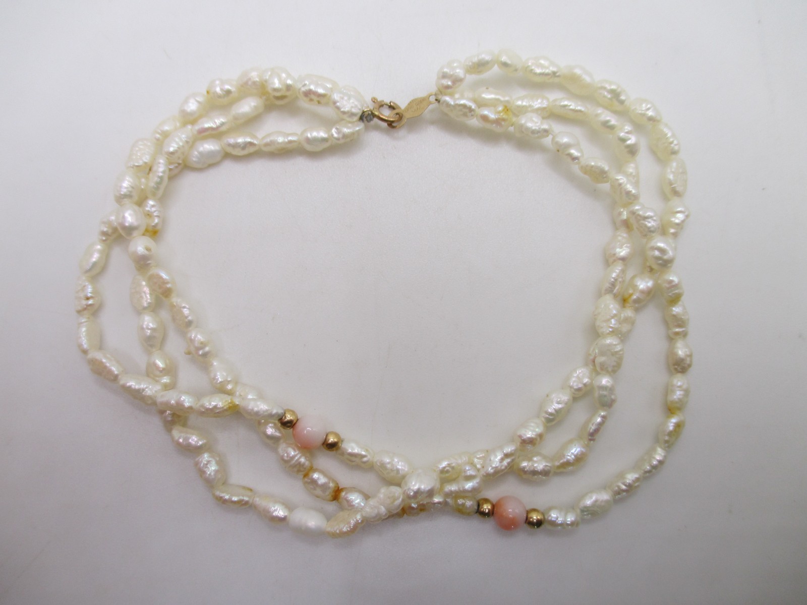 14k yellow gold bead & clasp freshwater pearl & pink coral 7″ 3 strand bracelet