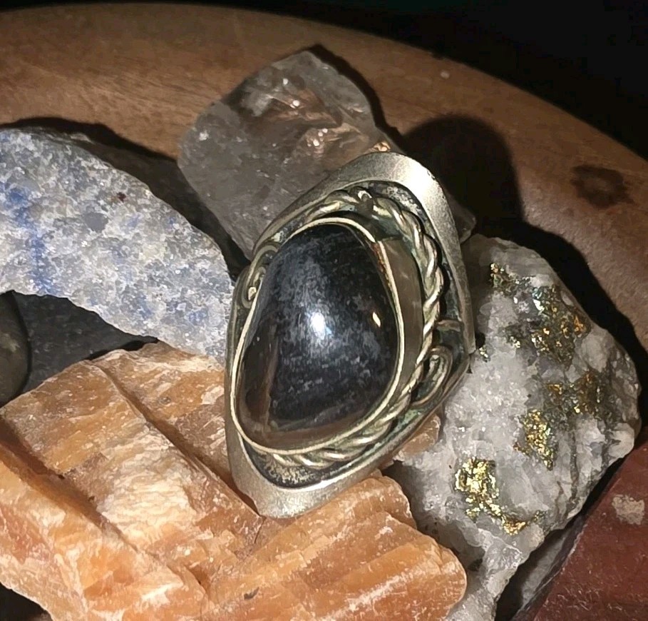 Large Vintage Silver Plated Hematite Dark Metallic Black Stone Adjustable Ring