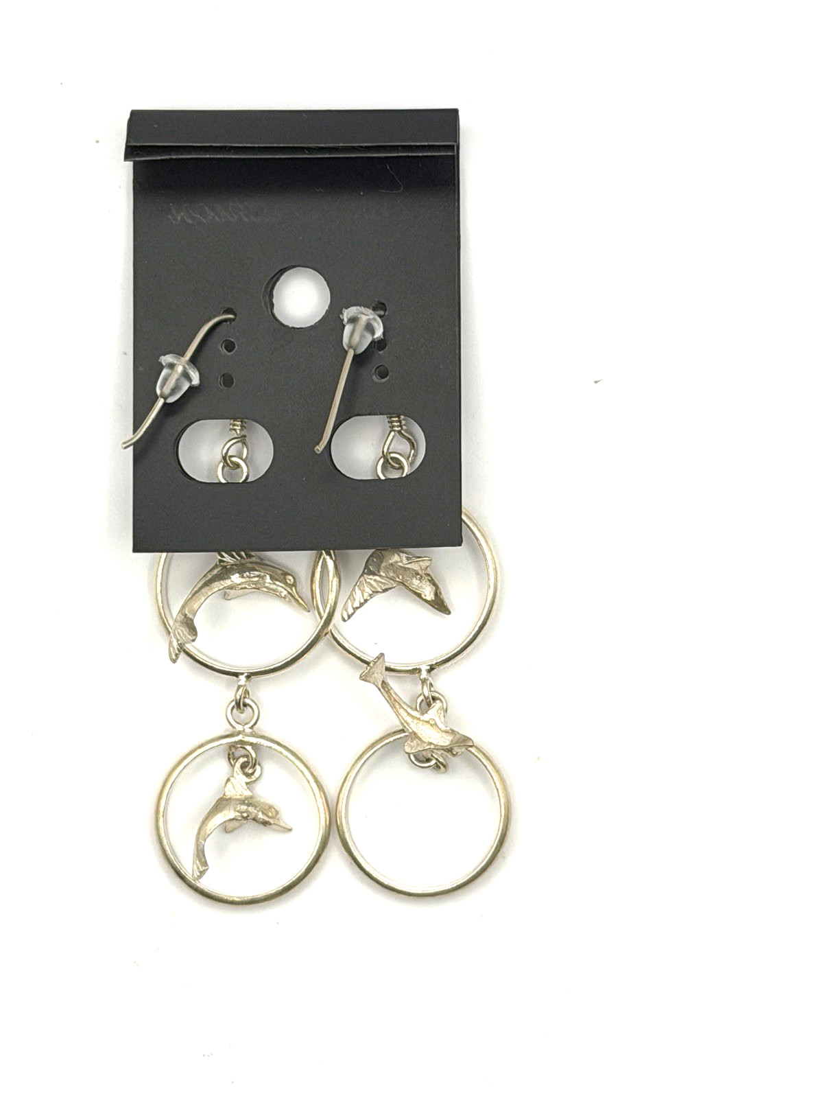 Vintage Sterling Silver Dangle Hoops with Dolphins Pierced Earrings