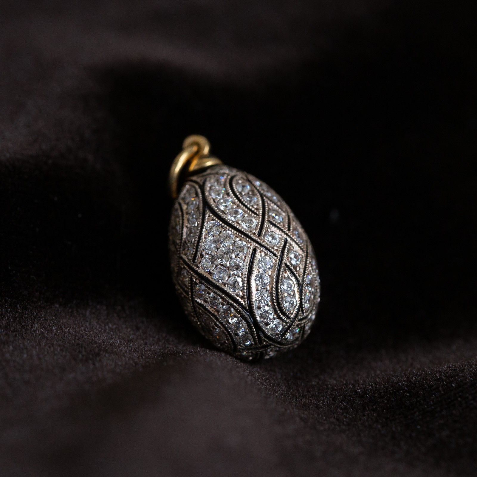 Vintage Soviet Era c.1990 Fully Pavé Enamel Egg Pendant 18k 750 Gold 960 Silver
