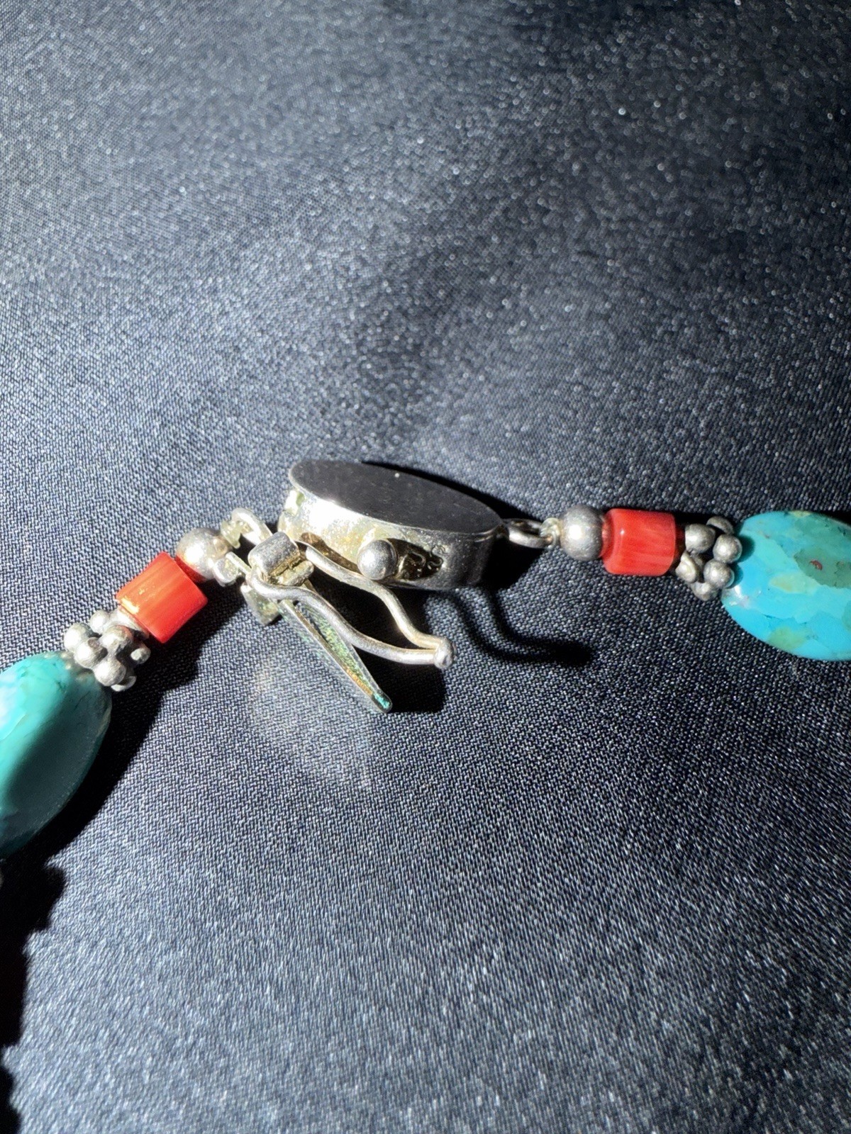 Vintage Turquoise And Natural Blood Red Coral & Pewter Silver 925 Clasp 16”