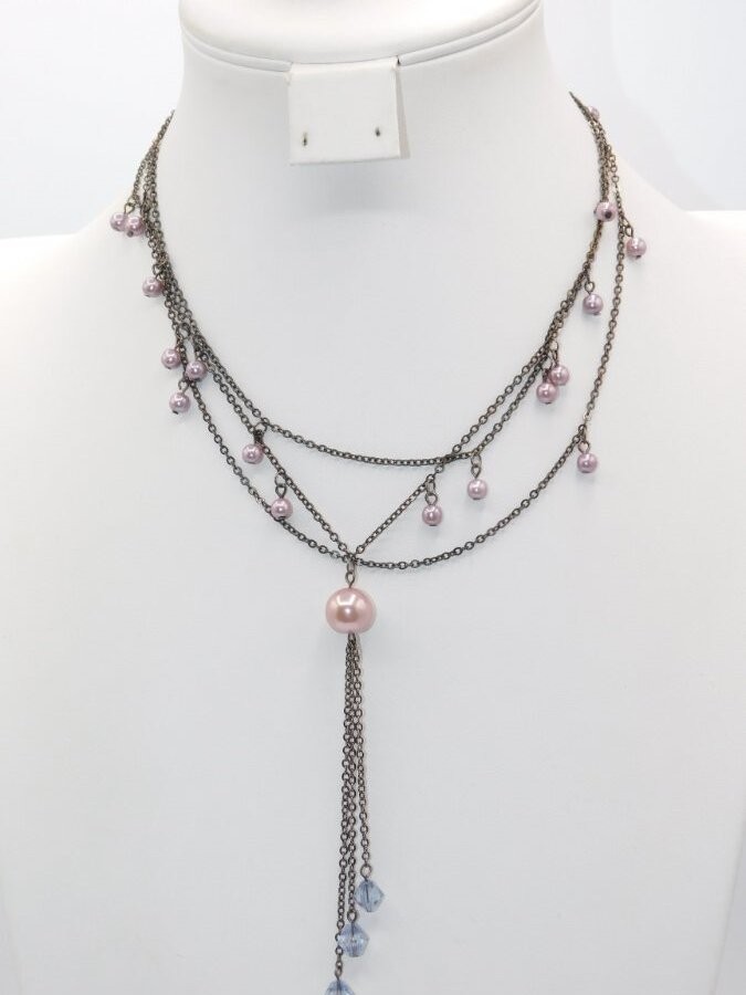 B425-VINTAGE NECKLACE~BLACK CHAINS/FAUX PEARLS/PINK/LAVENDER BEADS~16″-17.5″