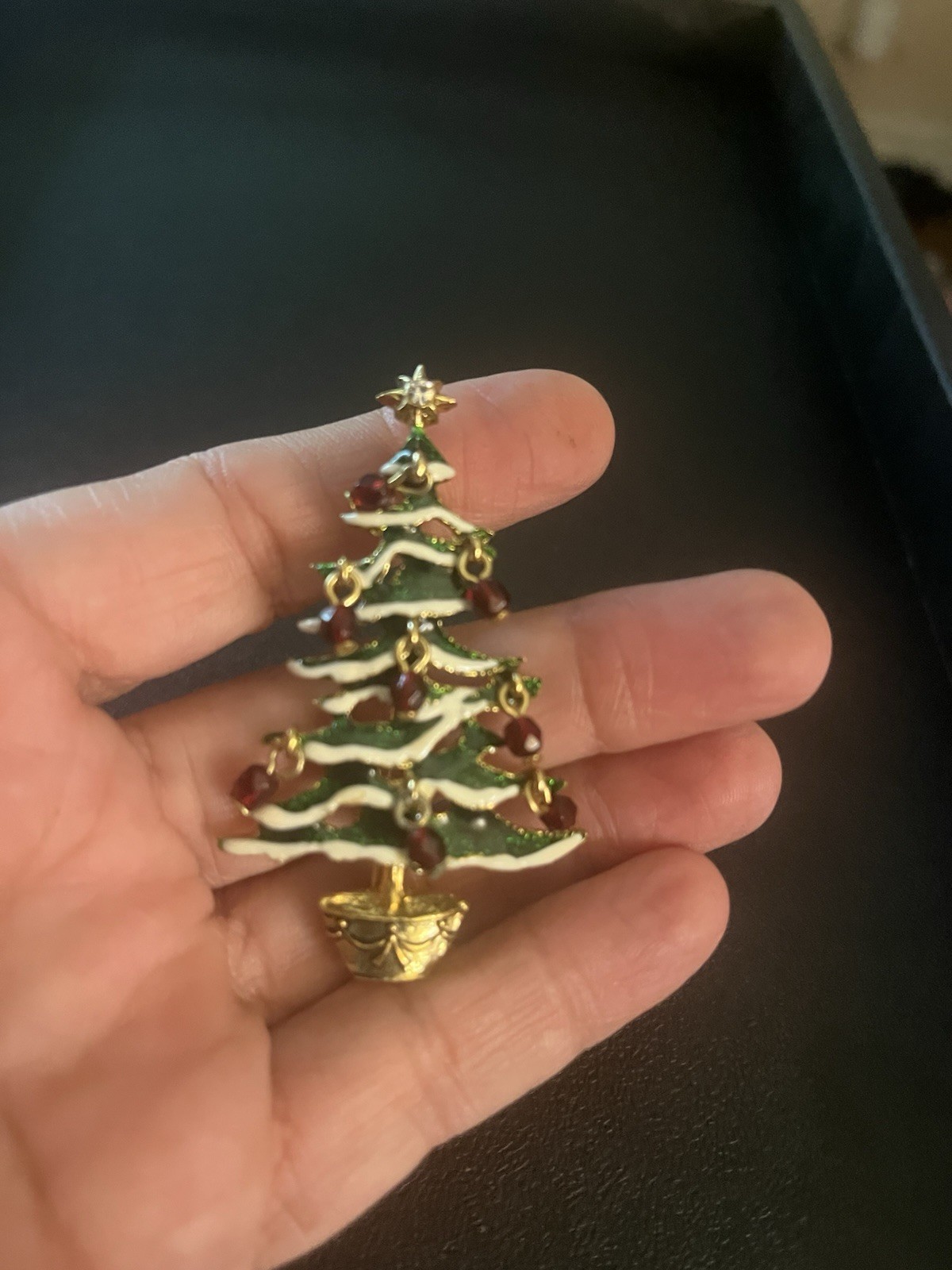 Avon Green Enamel Red Crystal Dangle Ornament Gold Tone Christmas Tree Brooch