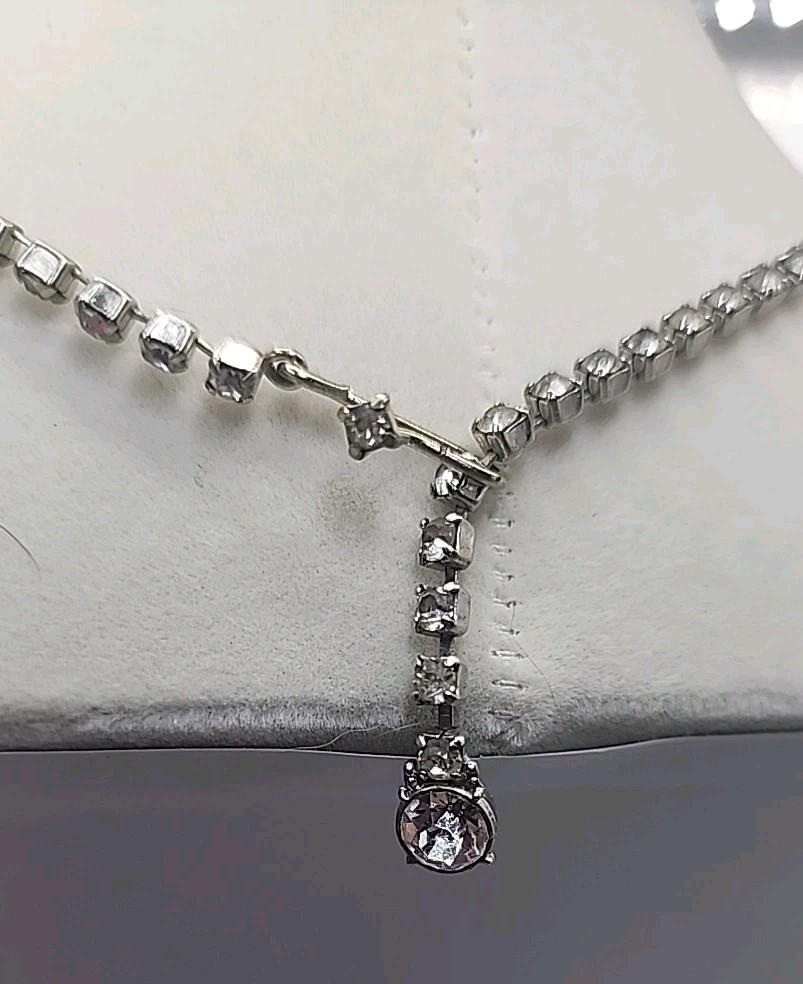 Vintage Mid Century Rhinestone Ornate Choker Necklace W/Rhinestone Flower 16.5″