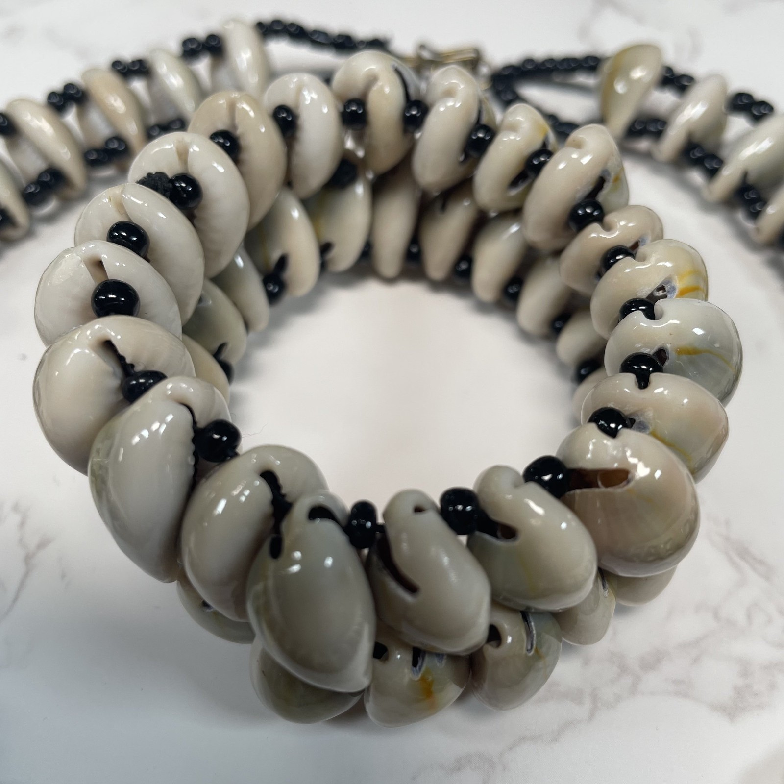 African Handmade Bold Cowrie Shells & Black Accent Beads Necklace & Bracelet