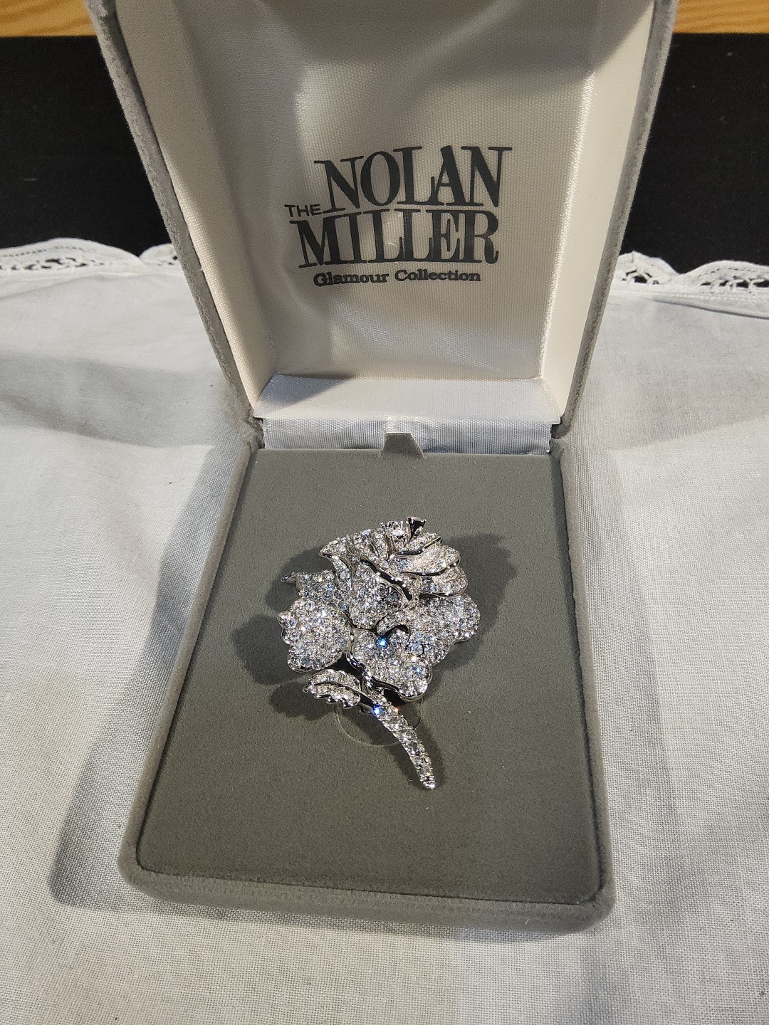 Nolan Miller QVC “Ava” Rose Pavé Crystal Rhinestones Brooch Silver Tone Rhodium