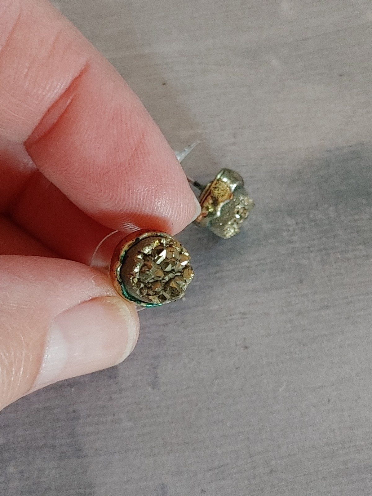 Vintage post earrings 9mm golden pyrite crystal in brass plated copper setting