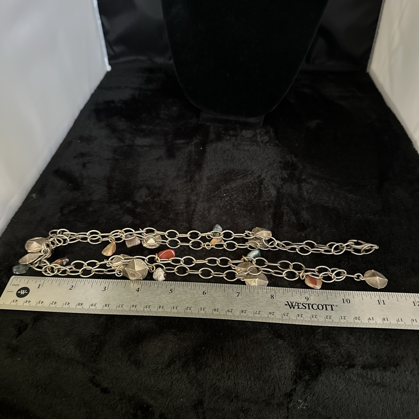 Vintage Silver Tone Chain Charm Necklace With Gemstones