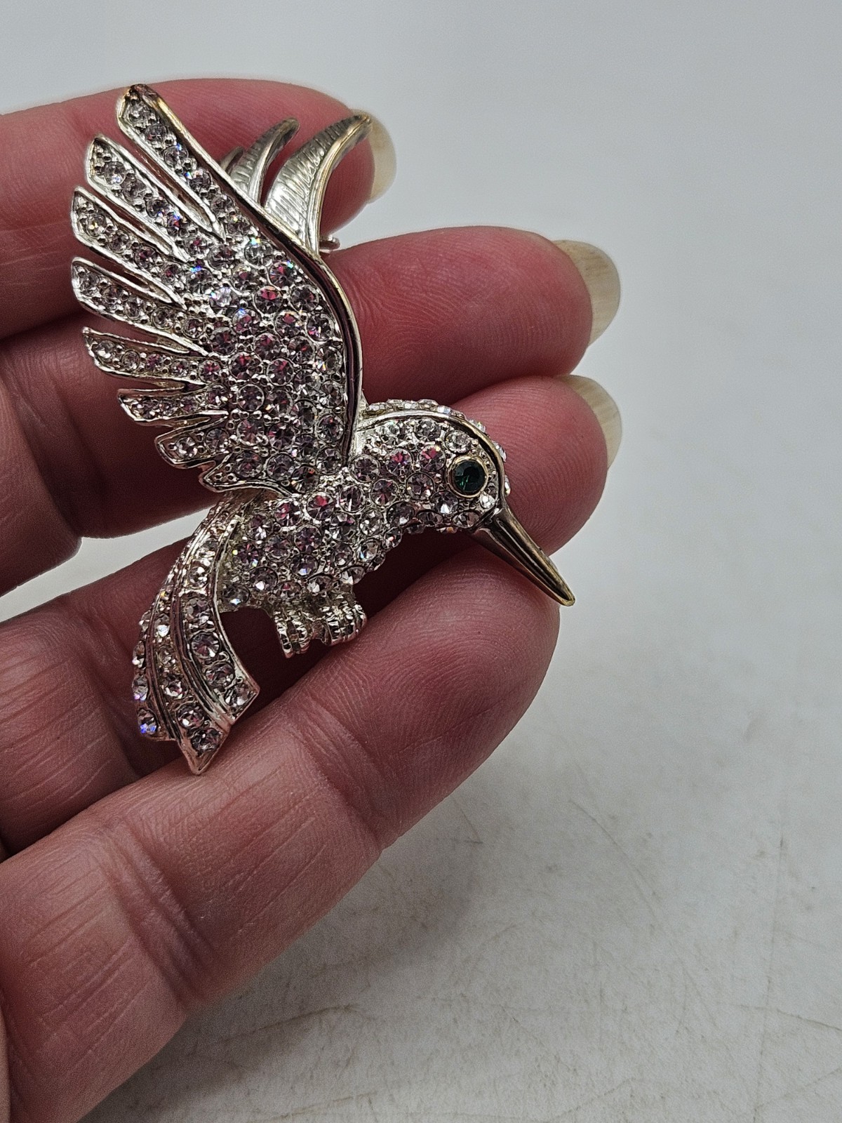 Vintage HummingBird In Flight Brooch Pin Silver Tone Rhinestones With Green Eye