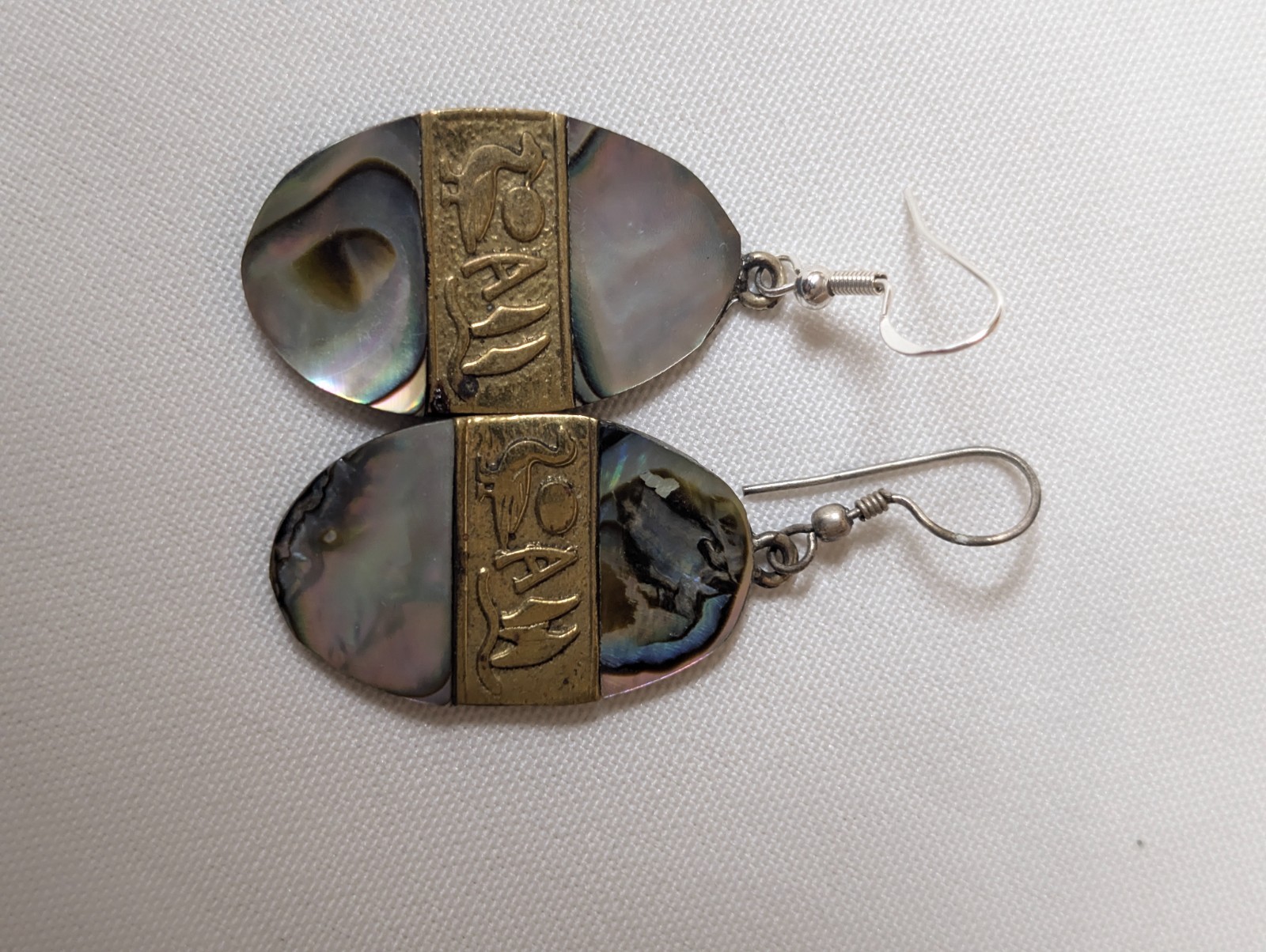 Vintage Alpaca Abalone Carved Sterling Silver Gold Tone Earrings Pierced