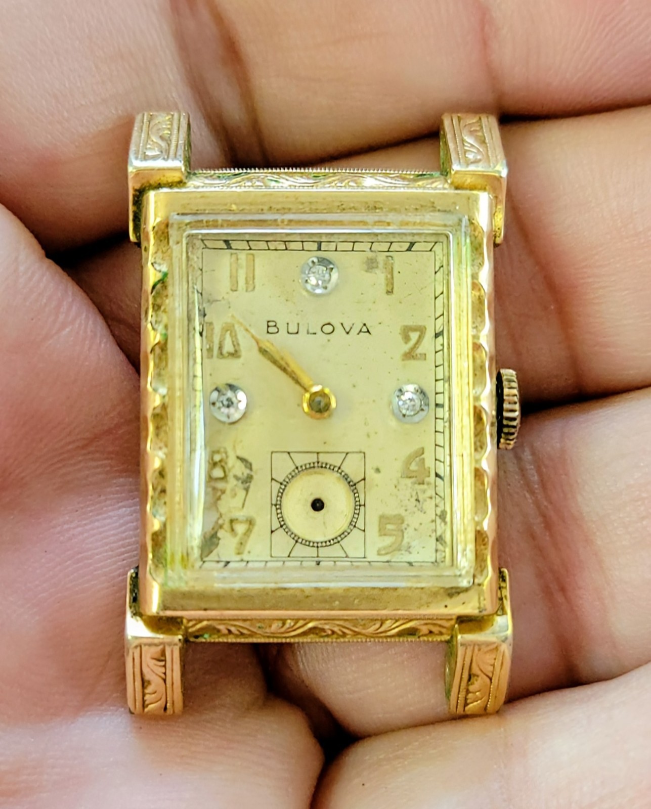 Vintage Bulova 10K Rolled Gold Plate Wristwatch With 3 Diamond Dial c1948