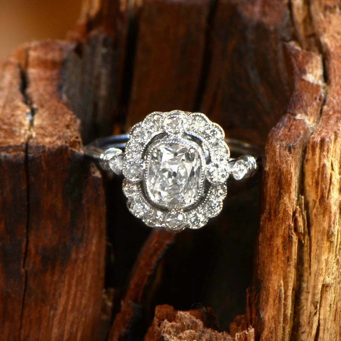 Art Deco Style Cushion Cut Lab Created Diamond Engagement Ring 14K White Gold FN