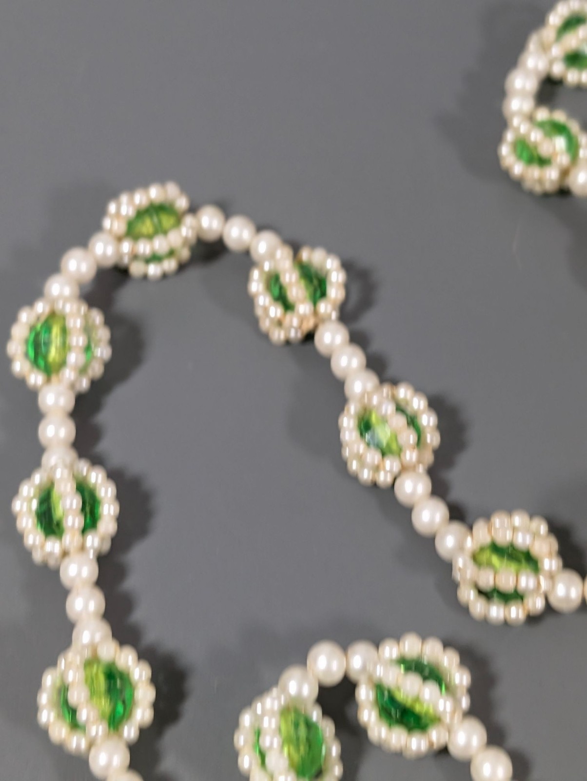 Vintage Faux Pearl Bright Green Woven Style Beaded Necklace 30″
