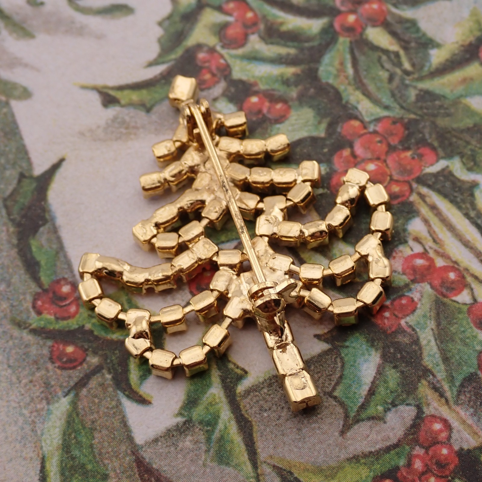VTG 1990’s Dangling Christmas Tree Multicolor Rhinestone 1 5/8″ Prong Set Pin