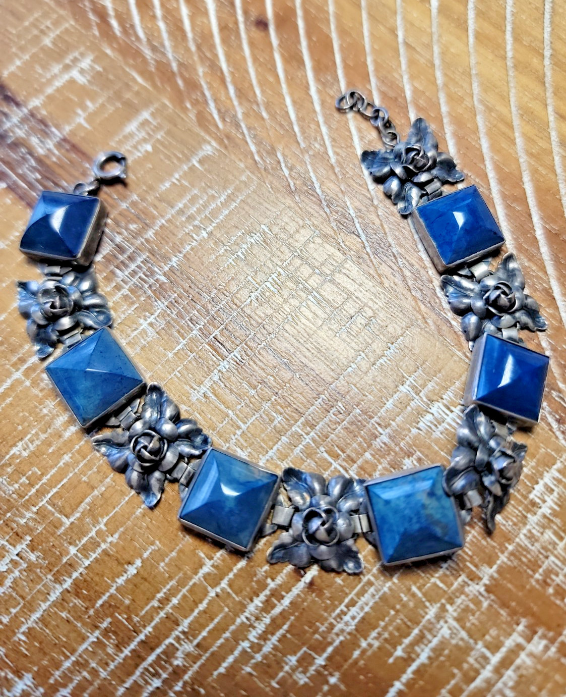 Antique Silver Cabbage Rose and Blue Link Bracelet