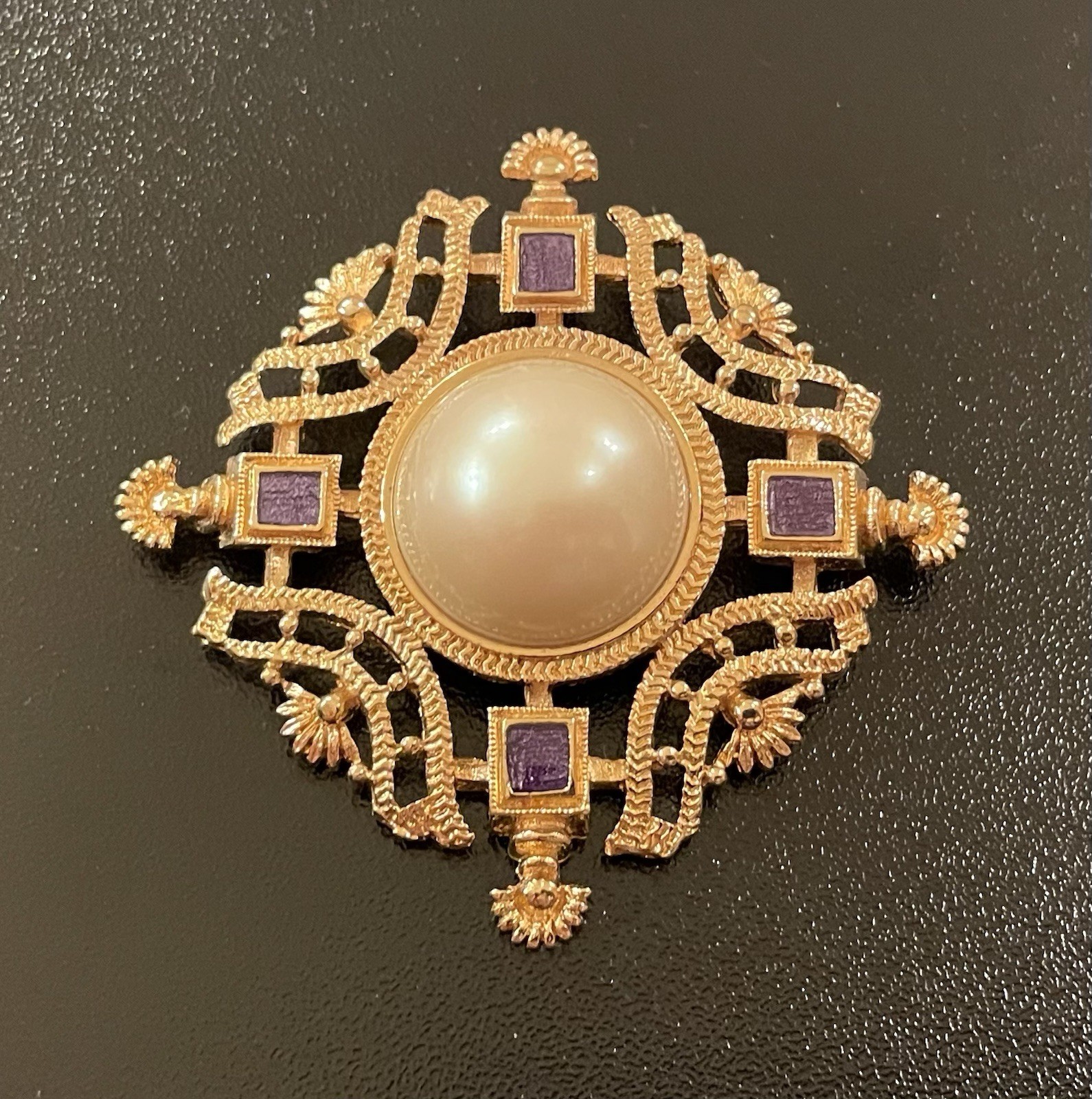 Vintage MONET Cabochon Faux Pearl Blue Enamel Gold Tone Statement Brooch/Pin