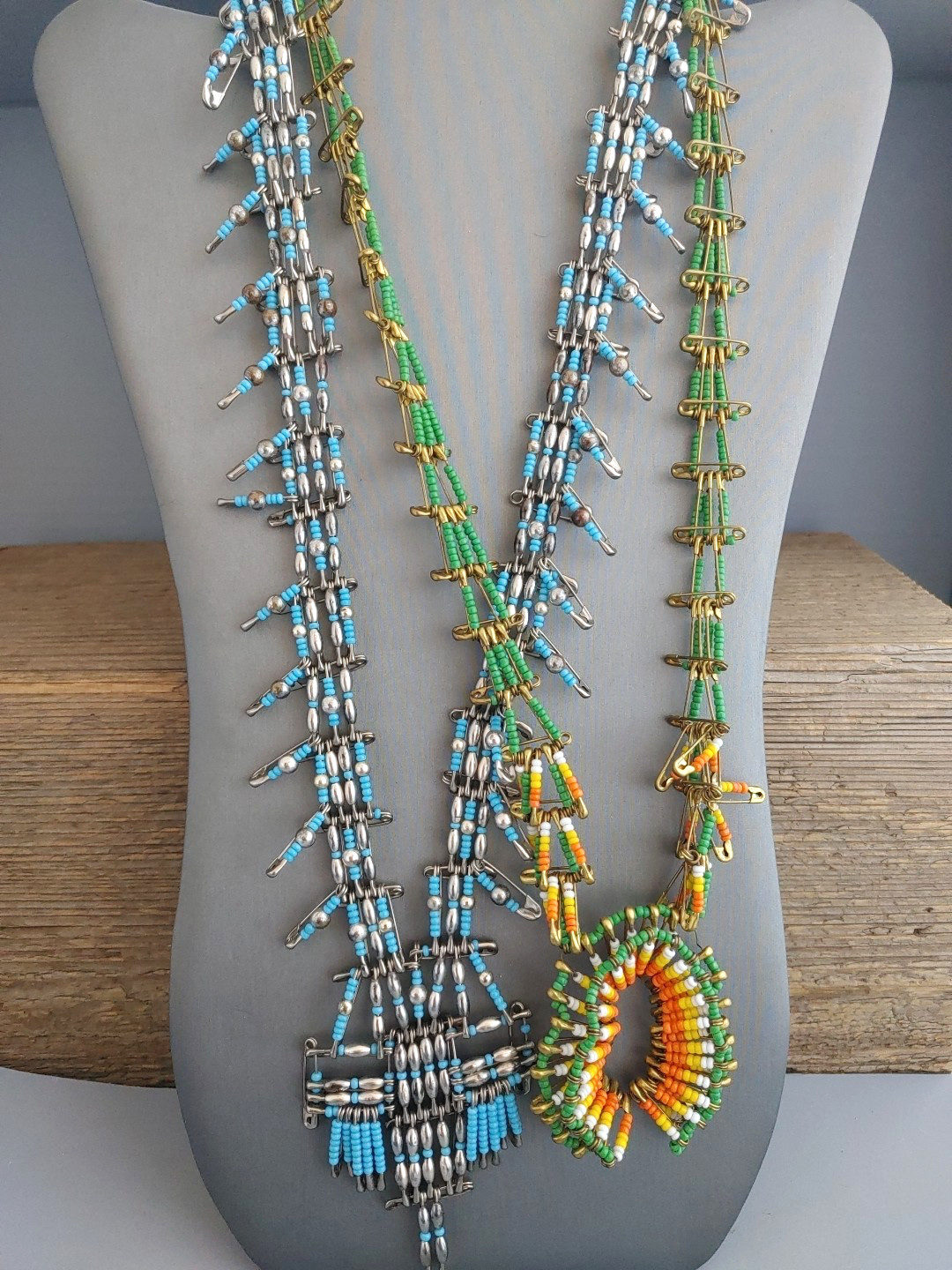 2 Vintage Safety Pin Beaded Necklaces Southwestern Style Blue Green Lot