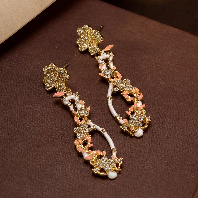 Vintage Floral Vase Rhinestone Dangle Earrings Gold Tone Pink Crystal Statement