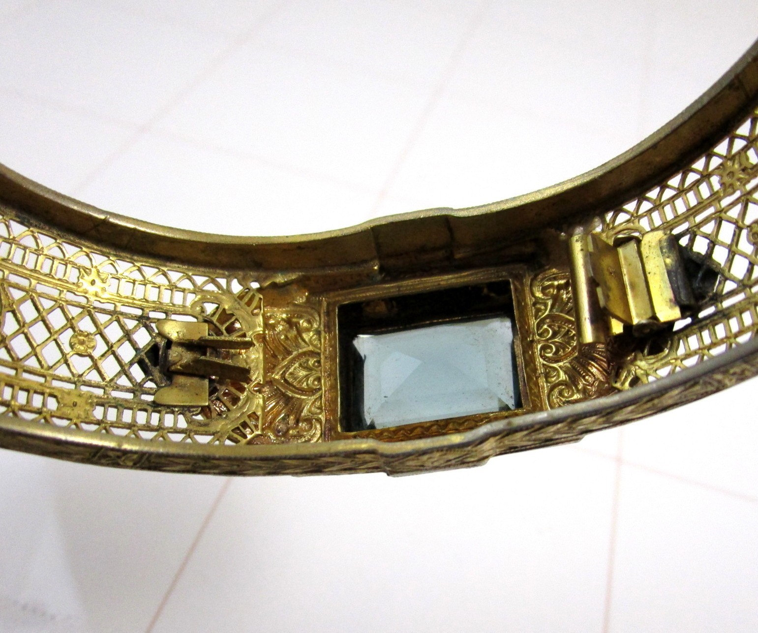 Antique Art Deco Gold Plated Filigree Bangle Bracelet Blue Stone ENW Elgin Watch