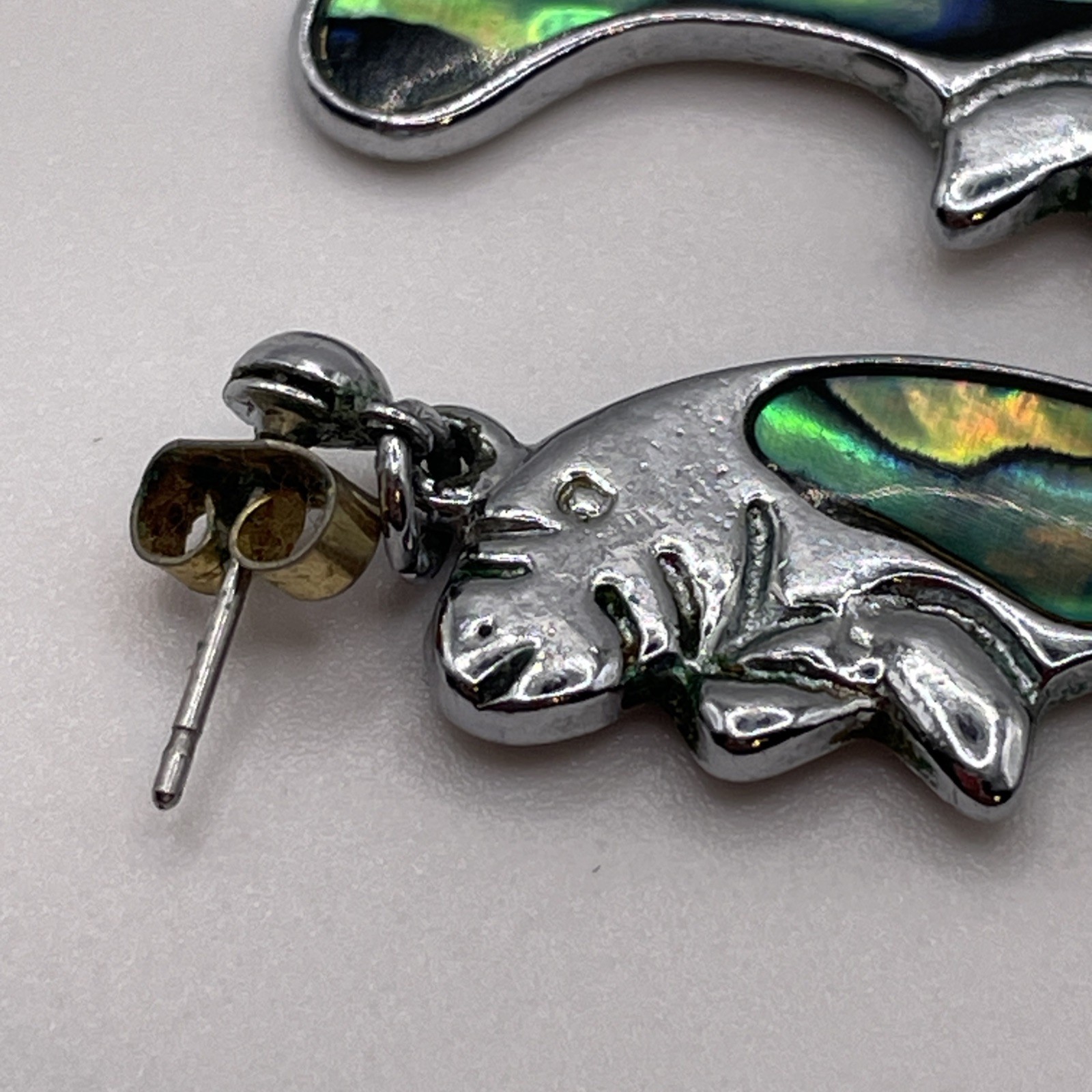 Earrings Animals Manatee Abalone Multicolor Silver Tone Small Metal Jewelry