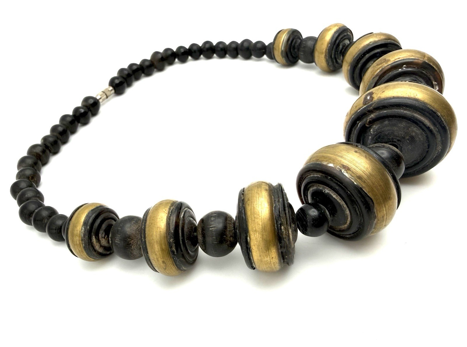 Bone & Brass Necklace Chunky Bold Beaded Vintage Boho Tribal 21” Black & Gold