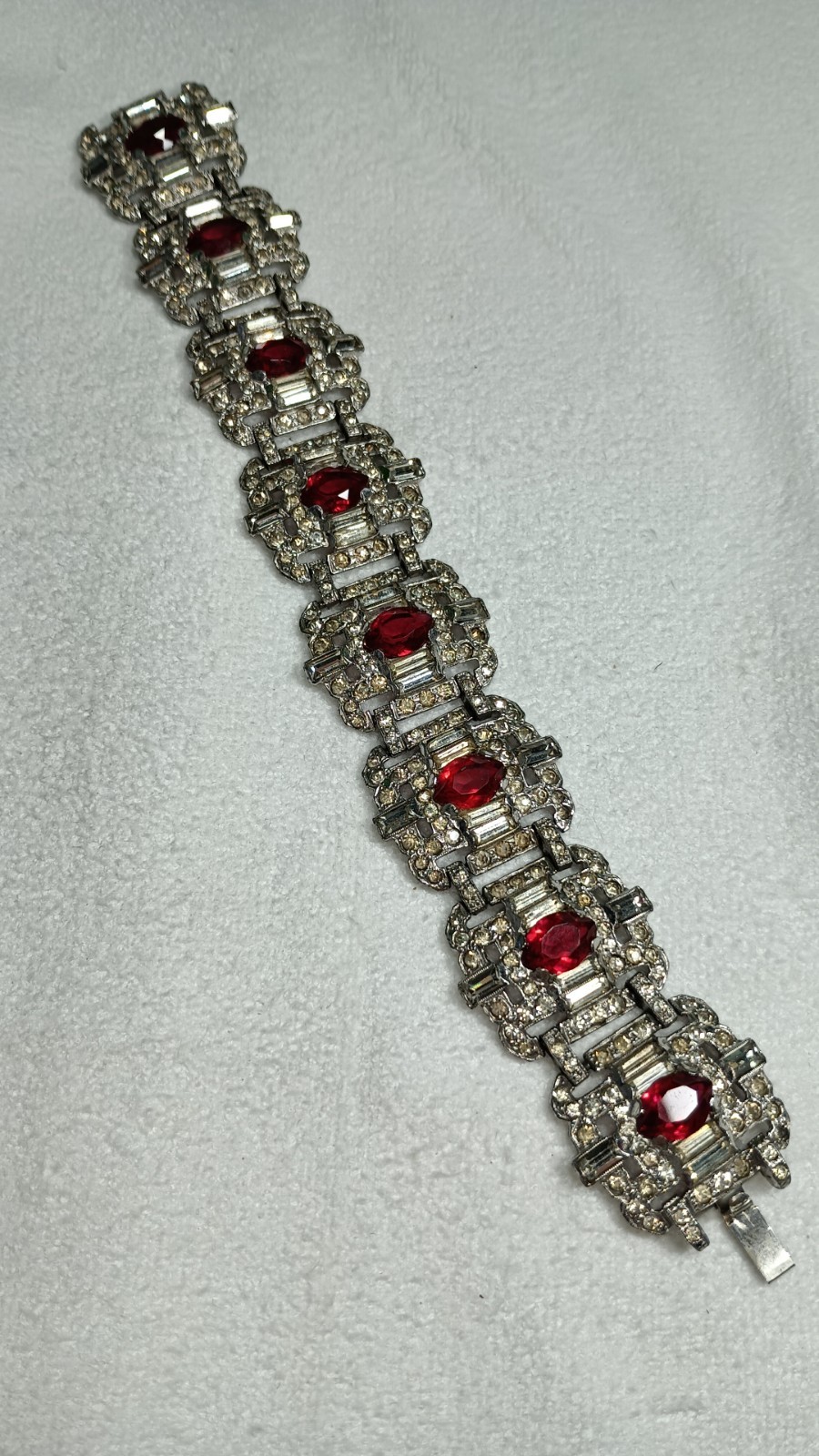 Art Deco Trifari Unsigned KTF Silver Tone Clear And Ruby Red Panel Bracelet 7 In