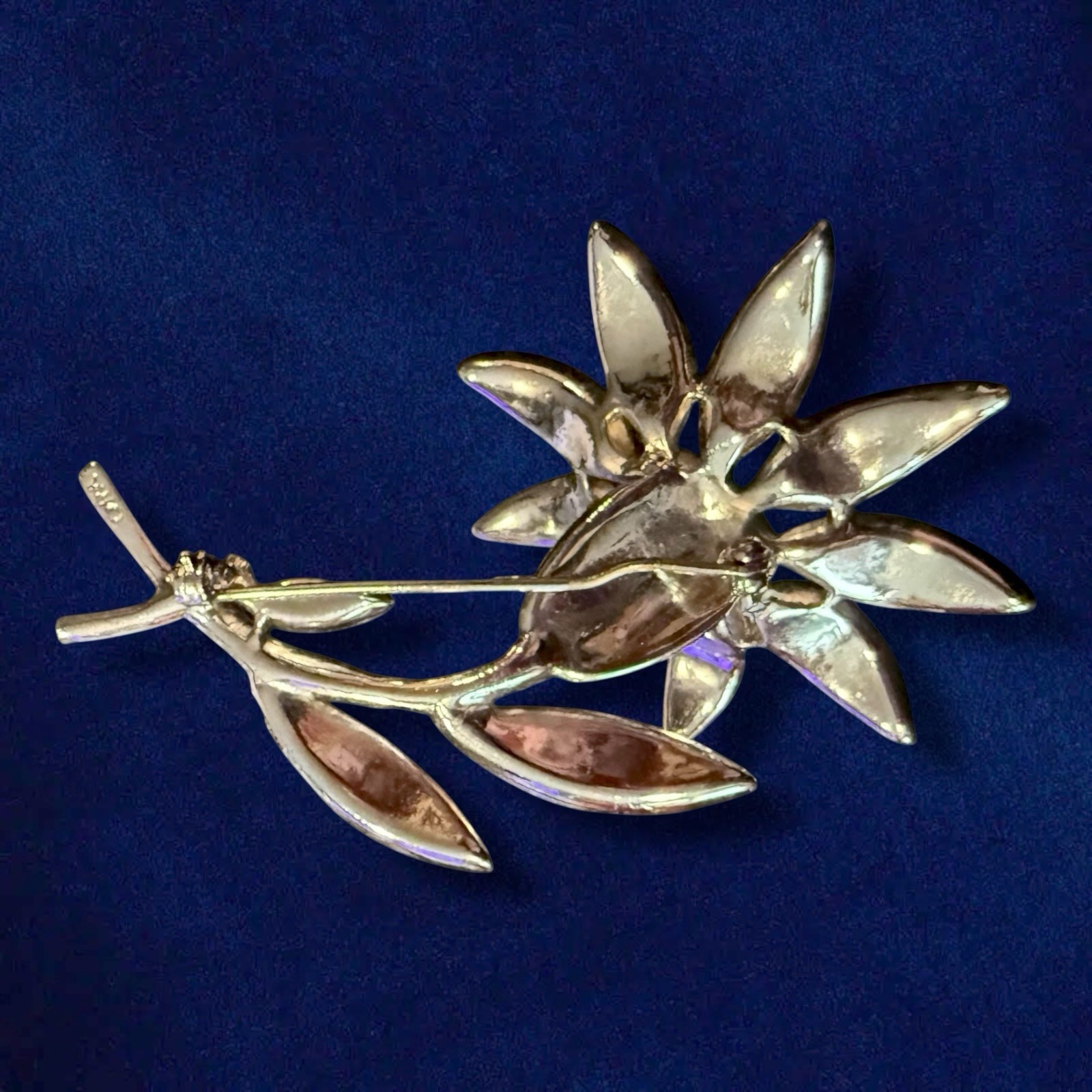 Rhinestone Flower Brooch Signed ORA Rhodium 1940s Large Vintage Pin 3 Inch