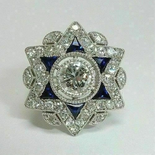 Art Deco Round Lab Created Diamond & Sapphire Wedding 14K White Gold Finish Ring