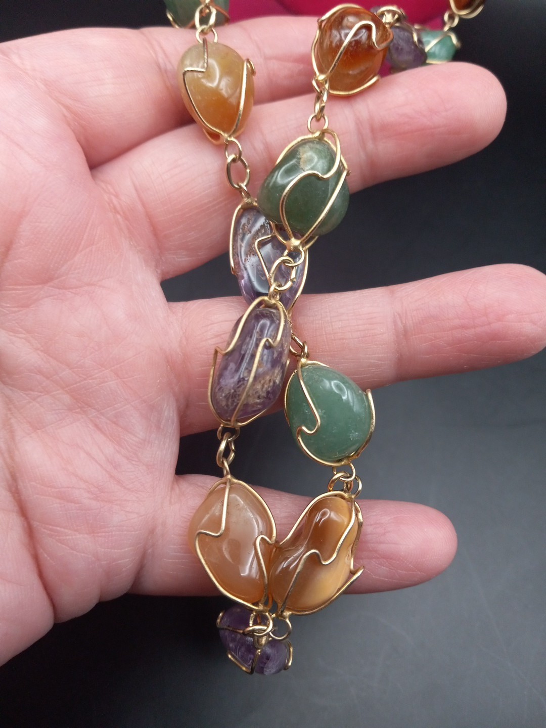 Vintage Amethyst, Jade Agate, Carnelian Goldgilt Wire Long Necklace