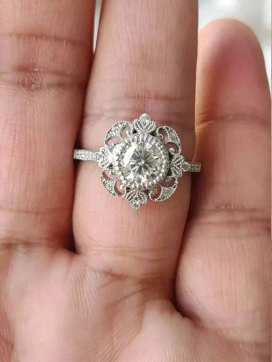 Art Deco Vintage Style Lab Created Diamond Engagement 14K White Gold Finish Ring