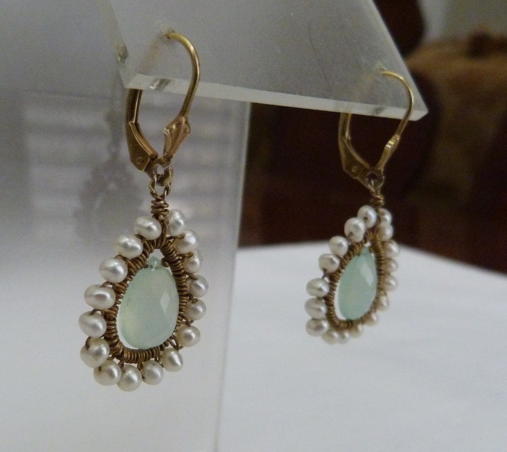 GOLD OVER STERLING SILVER BRIOLETTE AQUA CHALCEDONY FRESHWATER PEARL EARRINGS