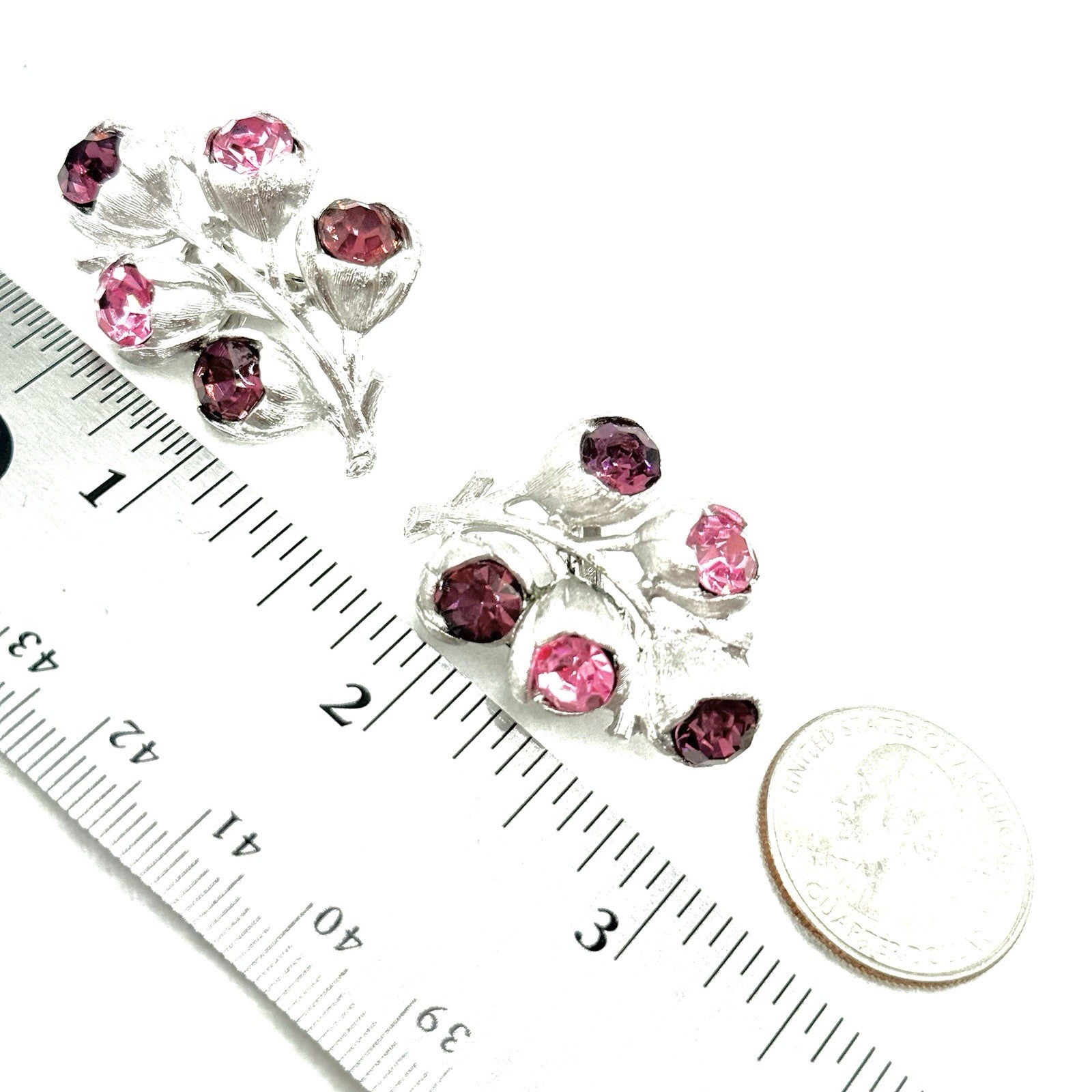 Vtg Sarah Cov Silvertone Wisteria Earrings Clip On Purple Pink CZ Spray