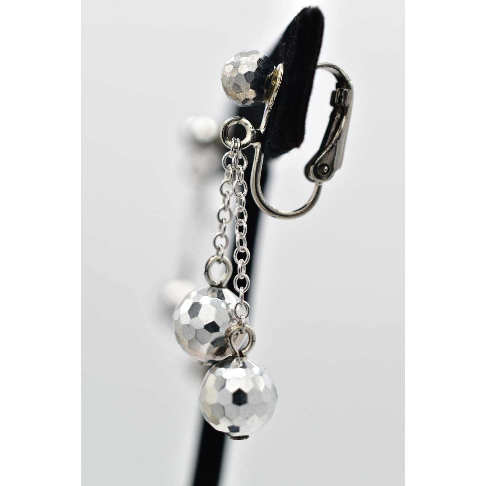 Vintage Crystal Clip On Earrings Silver Chain Disco Ball Chain Drop 1950s A23