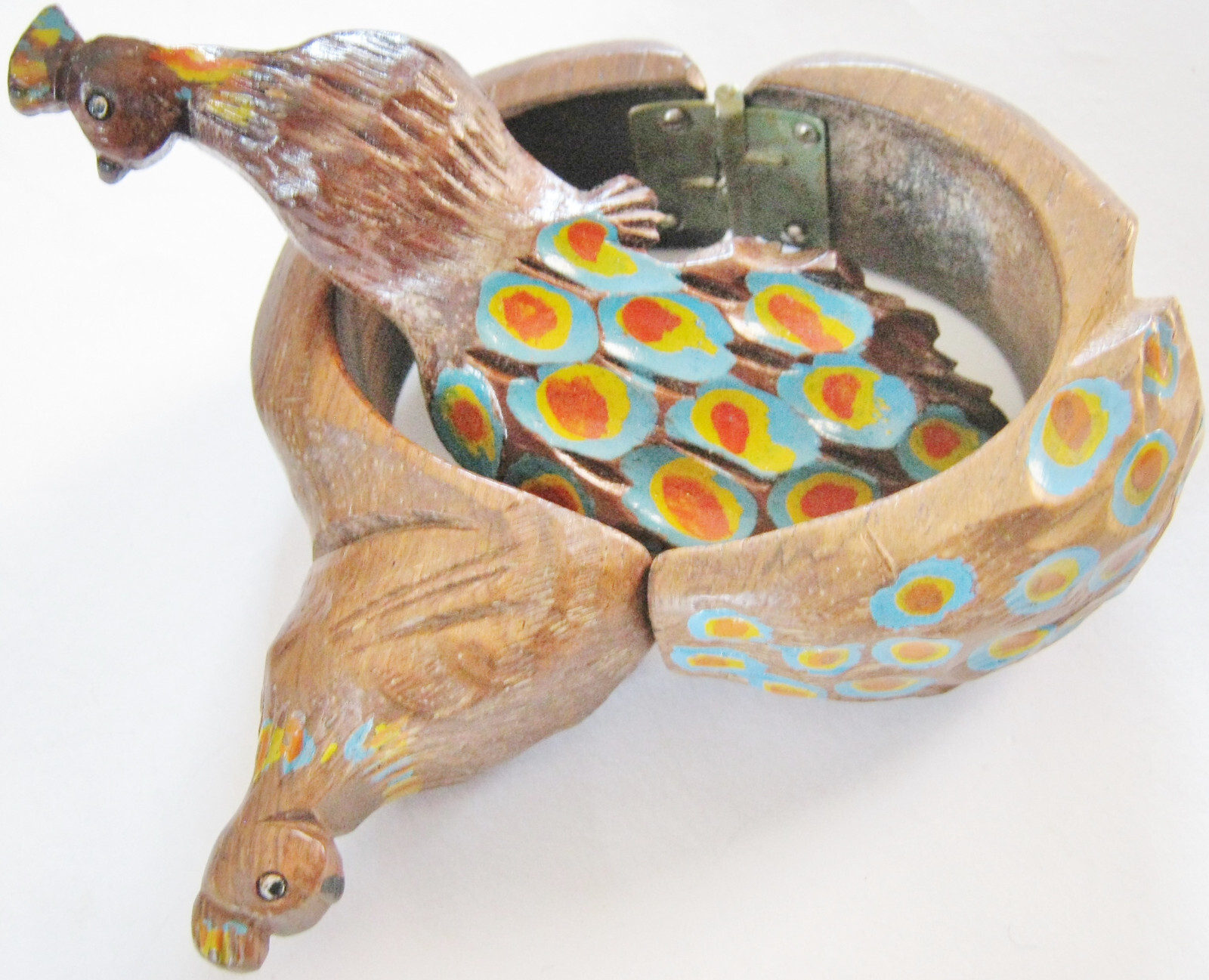 RARE VINTAGE 1930s-40s WOOD PEACOCK CLAMPER BRACELET MATCHING PIN SET