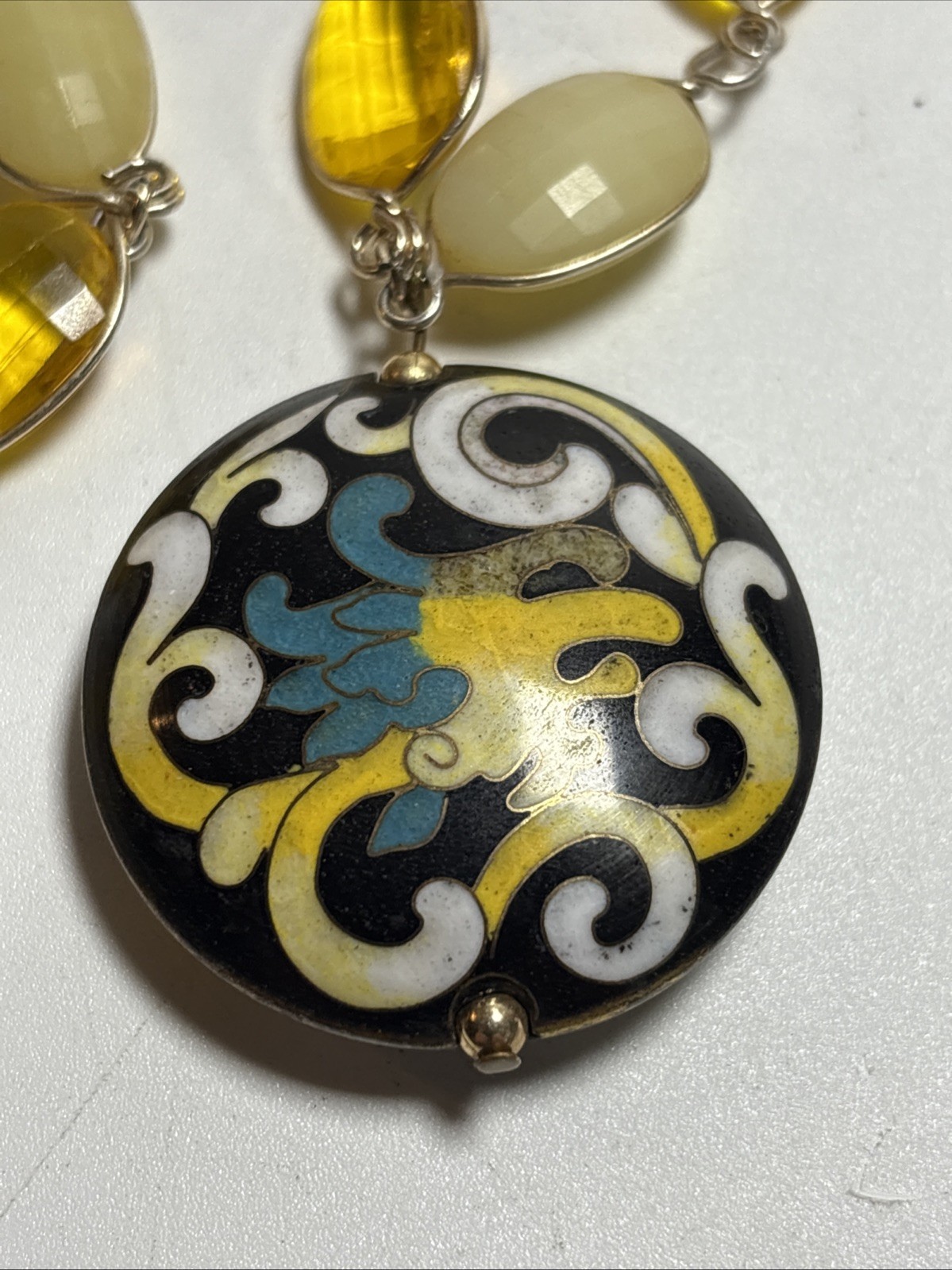 Vintage Cloisonne Pendant With Faux Yellow Plastic Gem Necklace 29″ Long