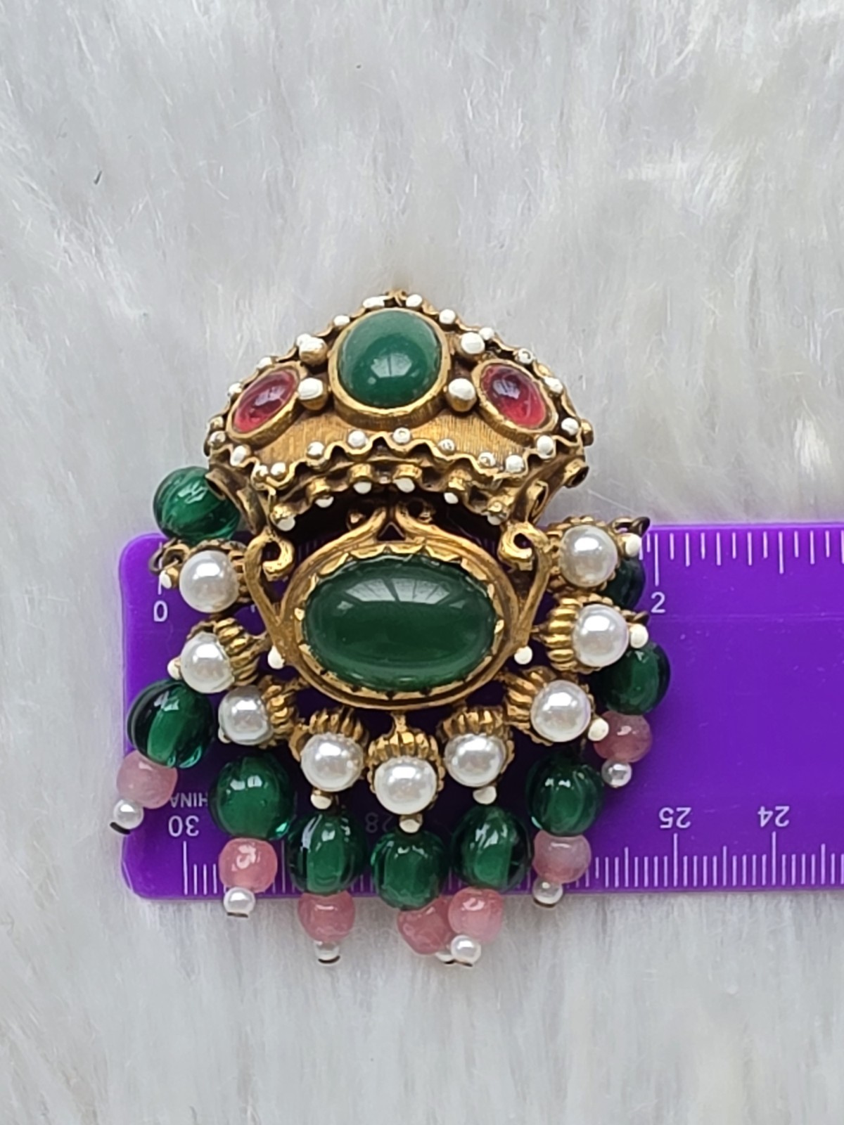 Vtg Signed KJL Jewels of India Mughal Crown Brooch Pendant Green Cabochon Rare
