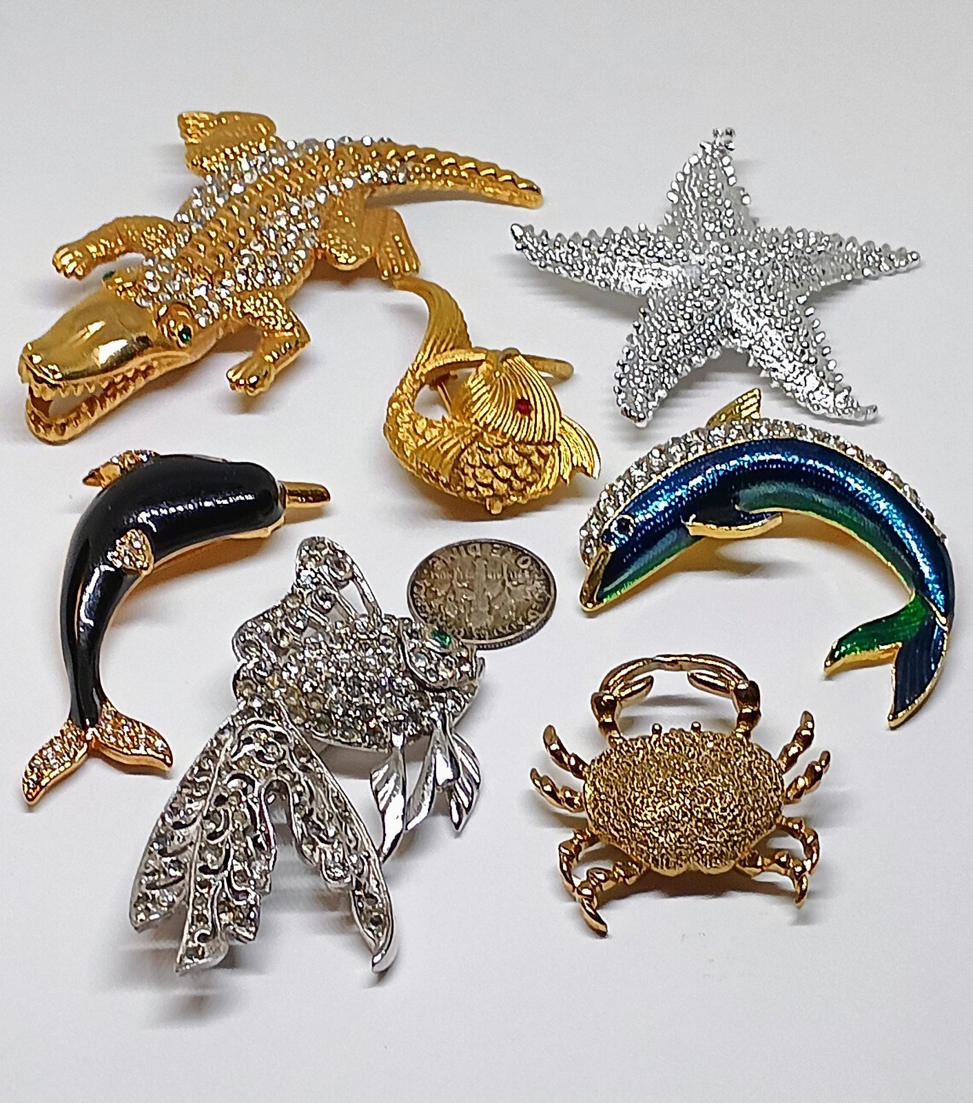 Vintage Lot 7 Sea Shore Brooch Pins Crystal Pave Rhinestone Kenneth J Lane LG