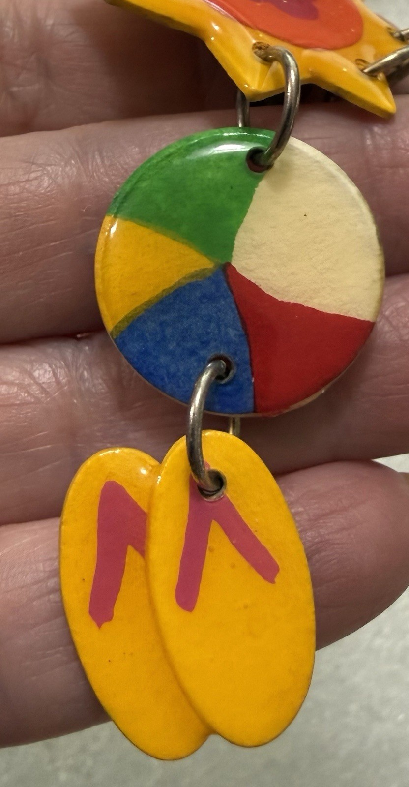 HUGE 1980s Wearable Folk Art Signed Mari SUN BEACH FUN Mixed Media Clip Earrings